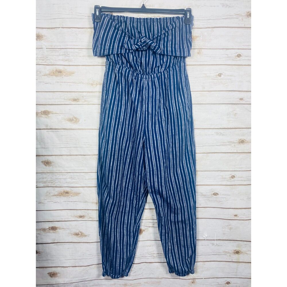 Aerie Women Striped Strapless Jumpsuit Smocked Tie Front Blue White Large